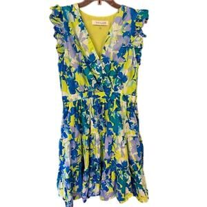Taylor Blue Floral Printed A-Line V-Neck Dress Size Large